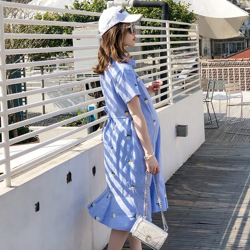 Pregnant Women's Summer Loose Floral Dress Sweet Bowknow Collar Maternity Ball Gown  Short Lady Chiffon  Wholesale