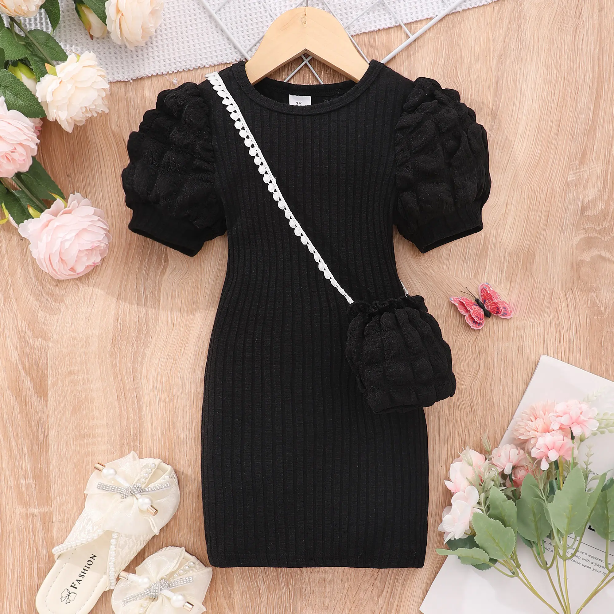 Little Girl's Bodycon Dress & Bag, Puff Sleeves Round Neck Solid Color Slim Dress For Summer Vacation