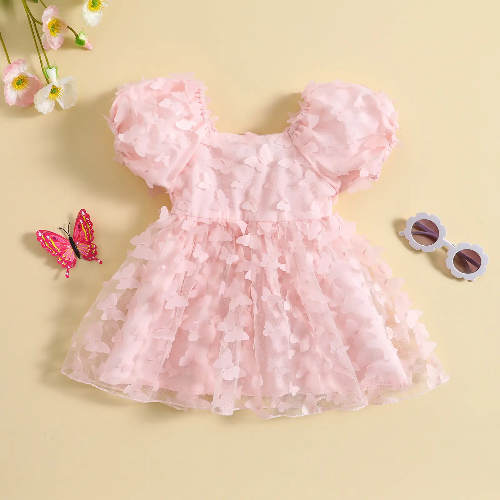 Pudcoco 0-5Y Kids Toddler Baby Girls Princess Dress Summer Short Puff Sleeve 3D Butterfly Tulle A-line Dress For Birthday Party