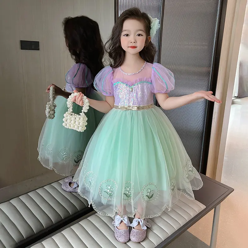 Girls Dress Summer New Children's Mesh Princess Dress Kindergarten Short Sleeve Sweet Western Style Dress Mermaid Tutu Skirt Children's Day Christmas Halloween Dress