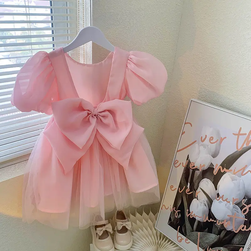 Girl's Pink Princess Dress2024Spring and Summer New Children's Big Bow Dress Baby Mesh Skirt