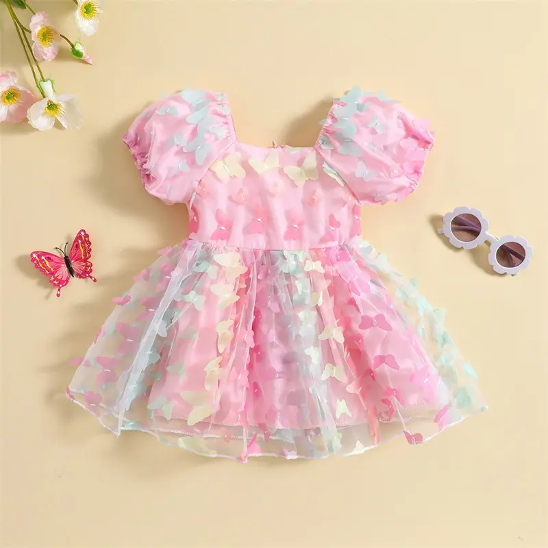 Pudcoco 0-5Y Kids Toddler Baby Girls Princess Dress Summer Short Puff Sleeve 3D Butterfly Tulle A-line Dress For Birthday Party