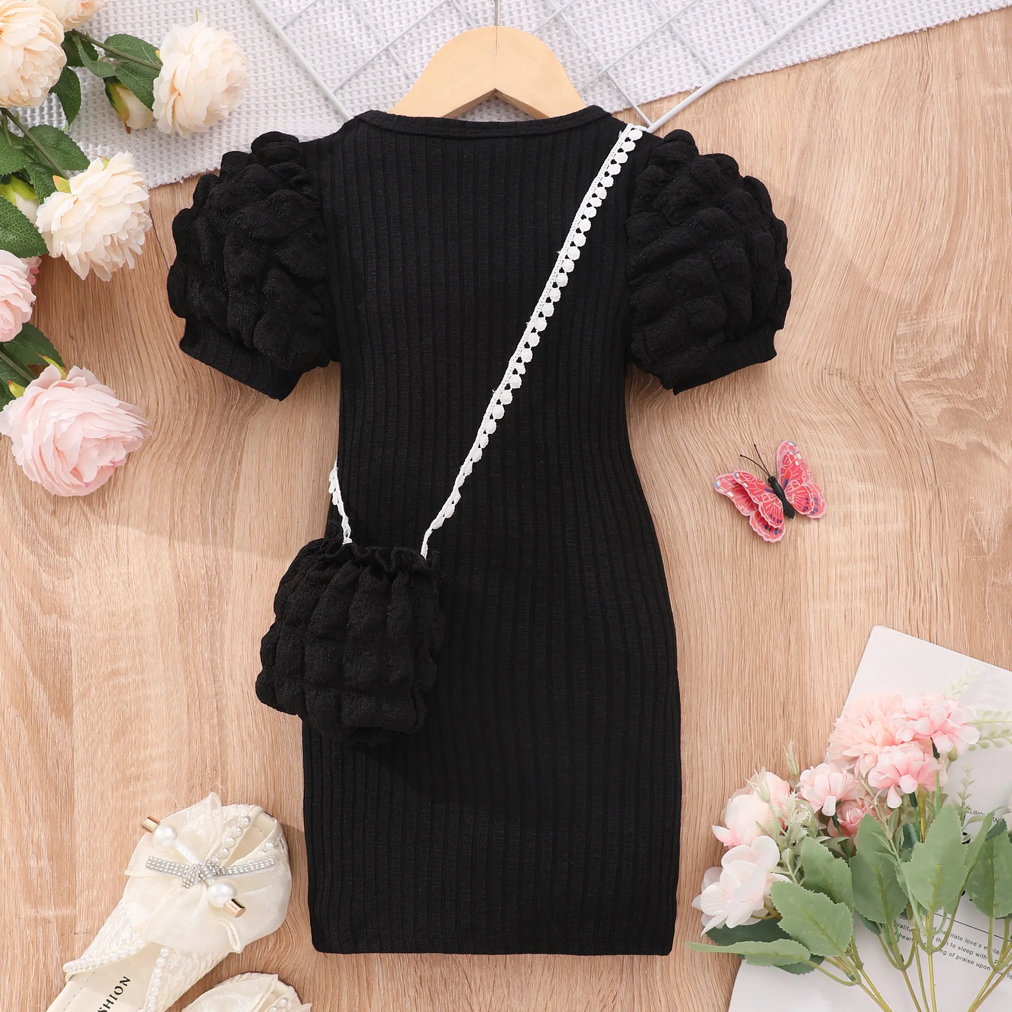 Little Girl's Bodycon Dress & Bag, Puff Sleeves Round Neck Solid Color Slim Dress For Summer Vacation