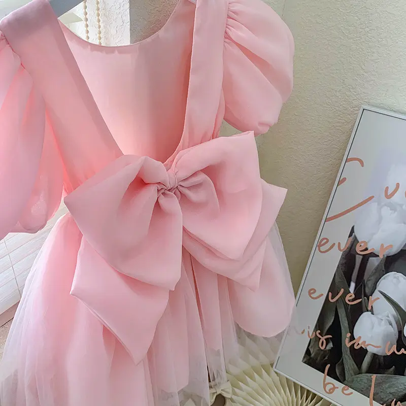Girl's Pink Princess Dress2024Spring and Summer New Children's Big Bow Dress Baby Mesh Skirt