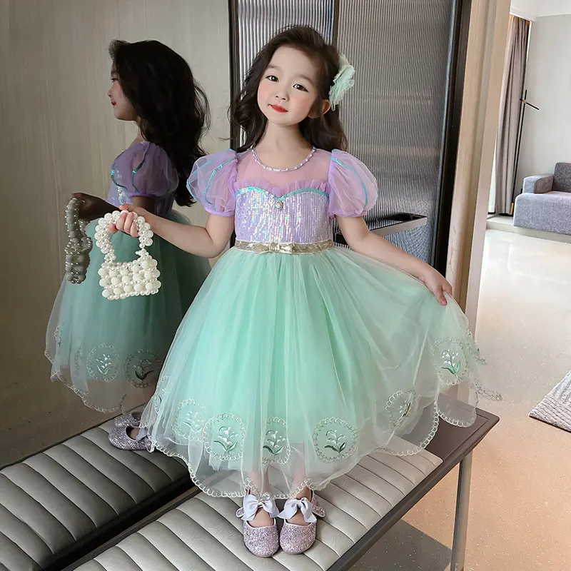Girls Dress Summer New Children's Mesh Princess Dress Kindergarten Short Sleeve Sweet Western Style Dress Mermaid Tutu Skirt Children's Day Christmas Halloween Dress