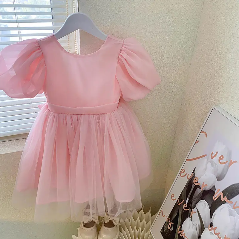 Girl's Pink Princess Dress2024Spring and Summer New Children's Big Bow Dress Baby Mesh Skirt