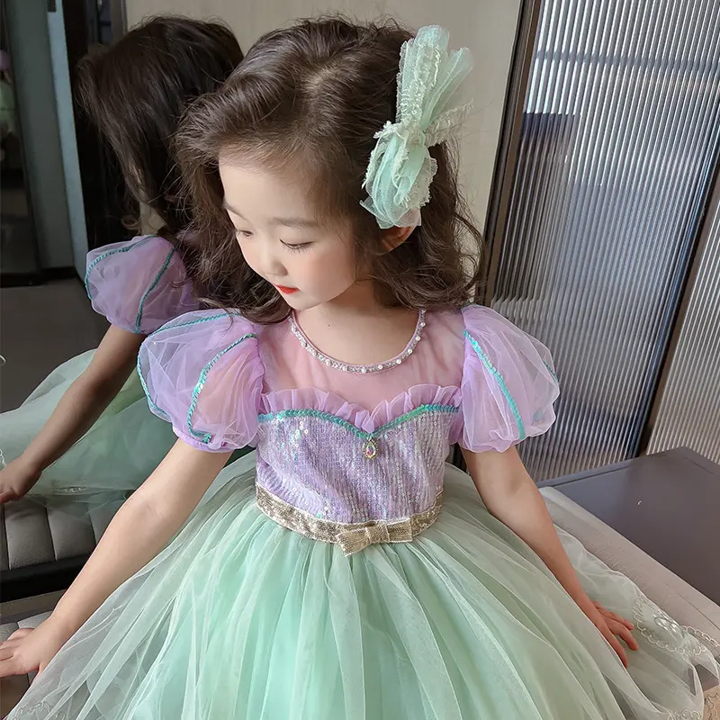 Girls Dress Summer New Children's Mesh Princess Dress Kindergarten Short Sleeve Sweet Western Style Dress Mermaid Tutu Skirt Children's Day Christmas Halloween Dress