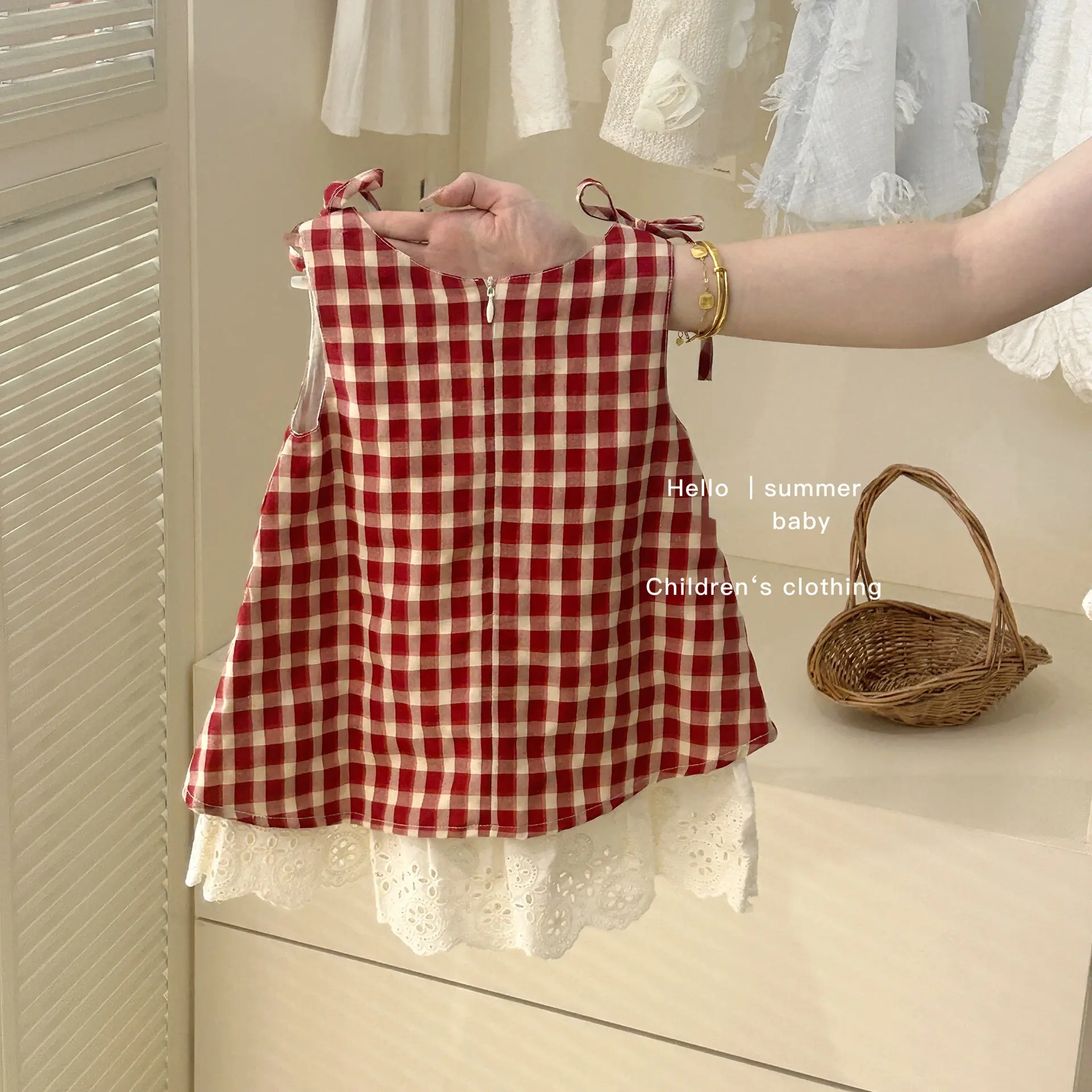 1-4 Years Girl Clothes Summer Baby Girl Red Plaid Princess Dress Kids Korean Edition Birthday Dress Send Hat