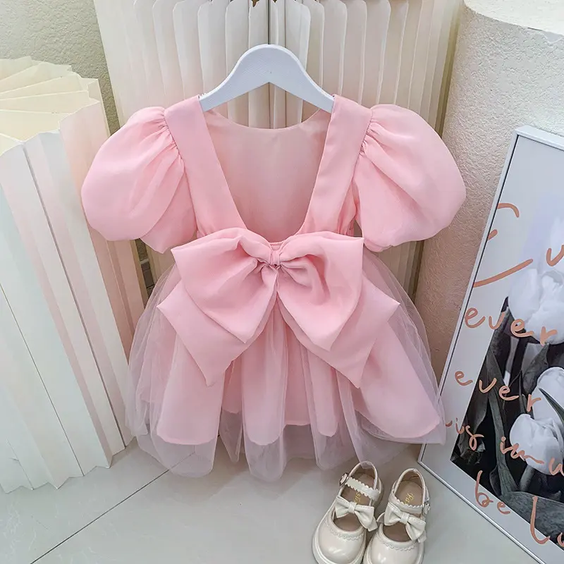 Girl's Pink Princess Dress2024Spring and Summer New Children's Big Bow Dress Baby Mesh Skirt