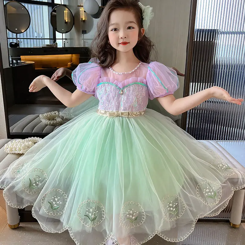 Girls Dress Summer New Children's Mesh Princess Dress Kindergarten Short Sleeve Sweet Western Style Dress Mermaid Tutu Skirt Children's Day Christmas Halloween Dress