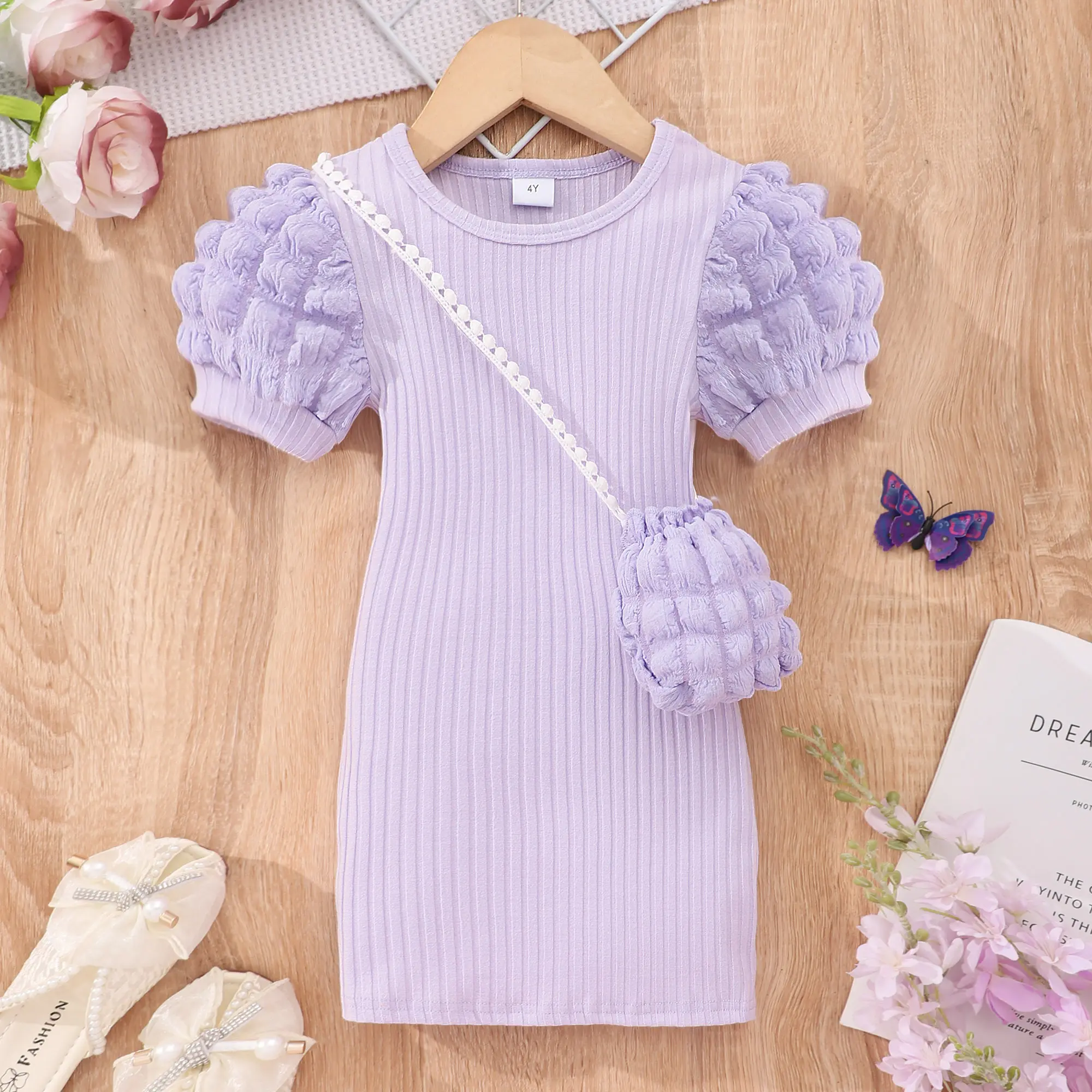 Little Girl's Bodycon Dress & Bag, Puff Sleeves Round Neck Solid Color Slim Dress For Summer Vacation