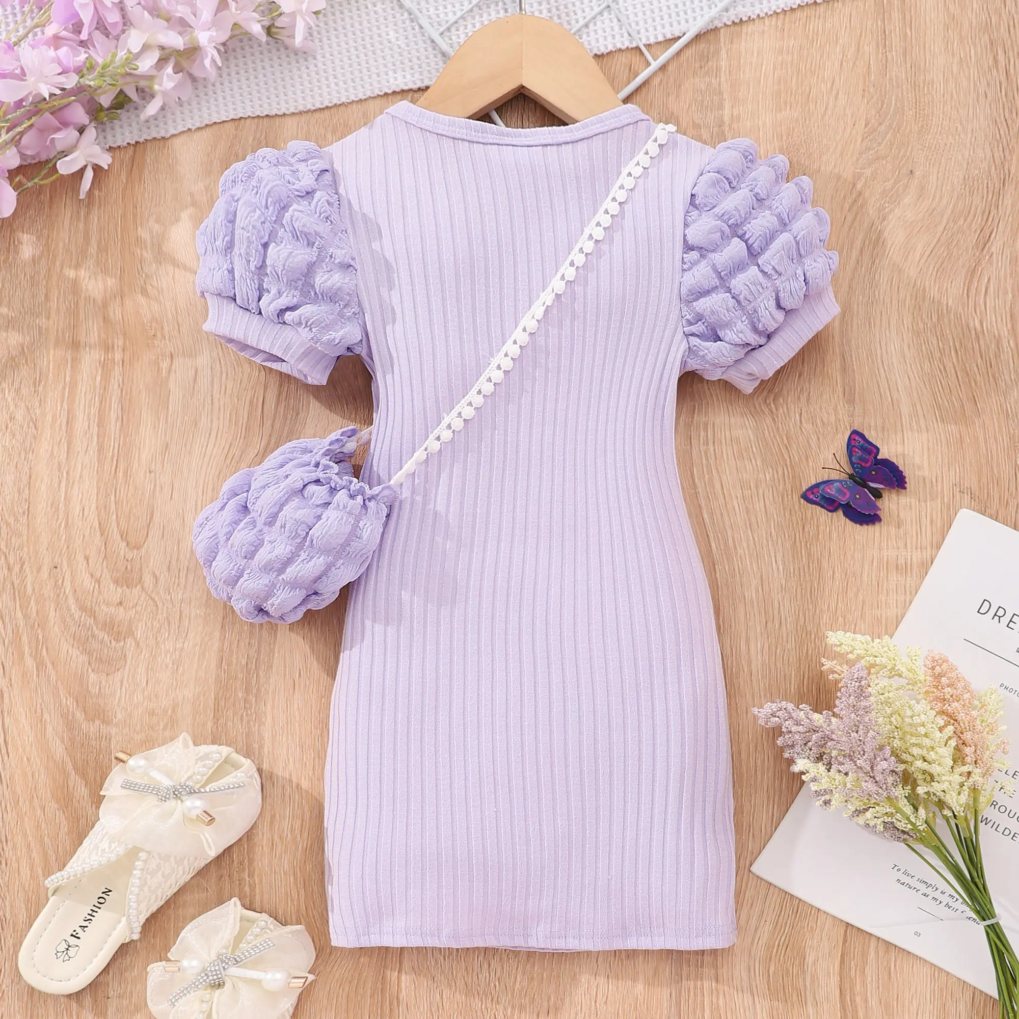 Little Girl's Bodycon Dress & Bag, Puff Sleeves Round Neck Solid Color Slim Dress For Summer Vacation