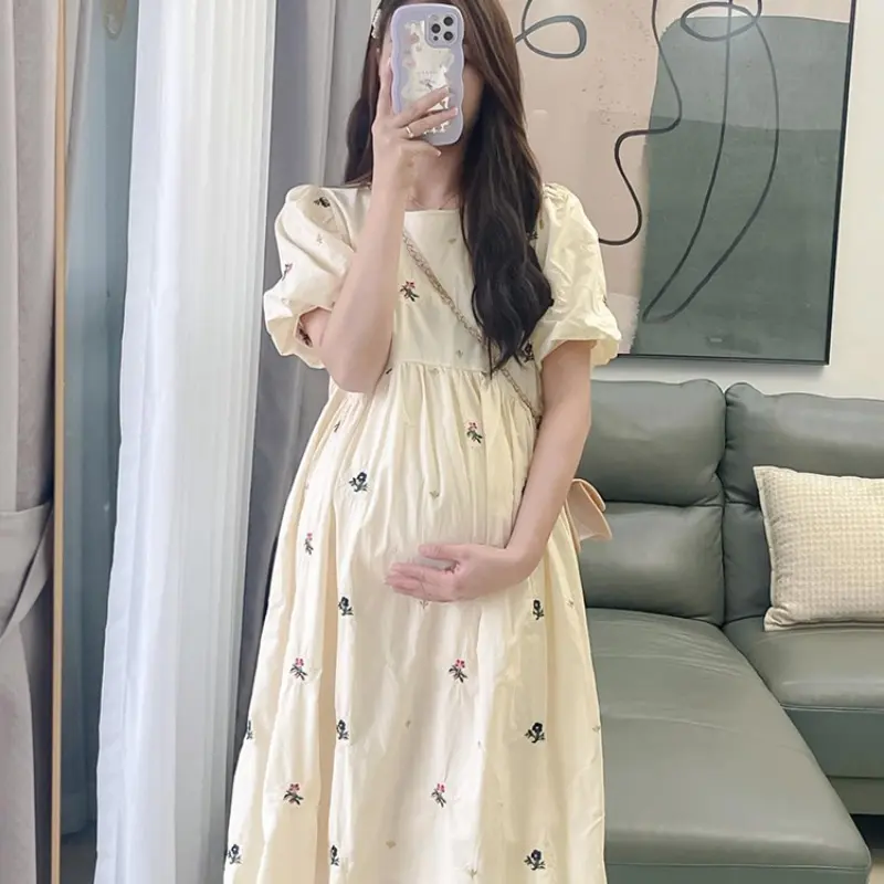 Pregnacy Dress Bowknot Dress Loose Women Bubble Sleeves Chiffon Small Flower Printing Maternity Clothing Pregnant Woman Clothes