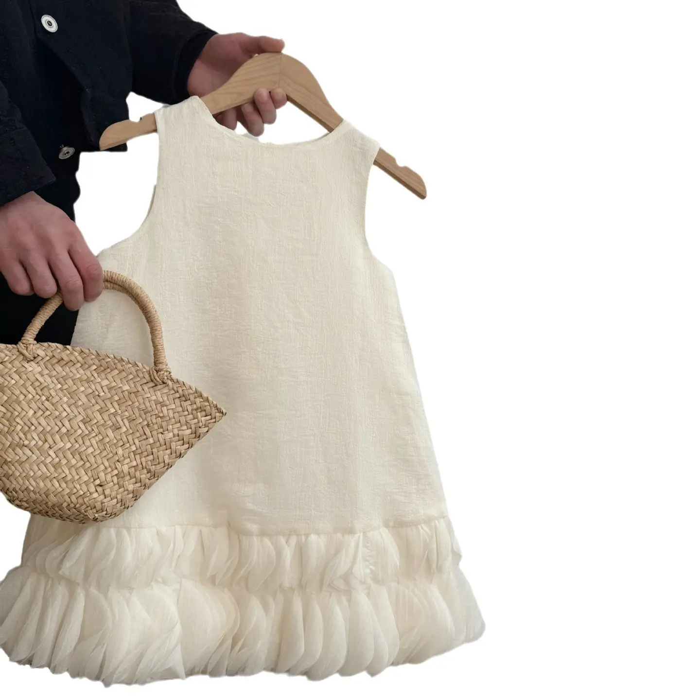 Girls Sleeveless Dress 2025 Spring and Summer New Korean Fashion Solid Color Mesh Flower Bud Princess Jumper Skirt