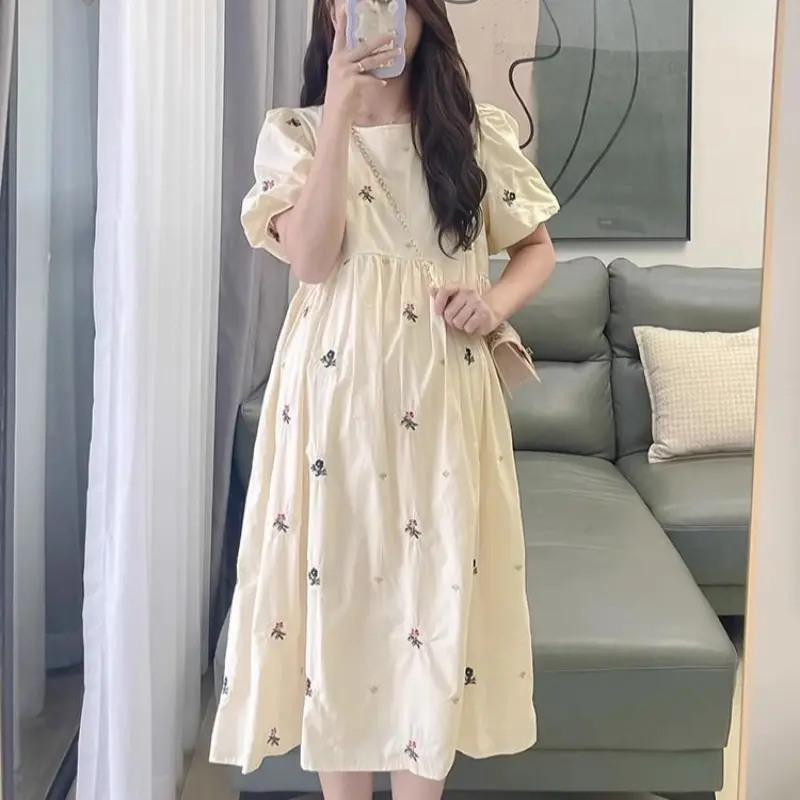 Pregnacy Dress Bowknot Dress Loose Women Bubble Sleeves Chiffon Small Flower Printing Maternity Clothing Pregnant Woman Clothes