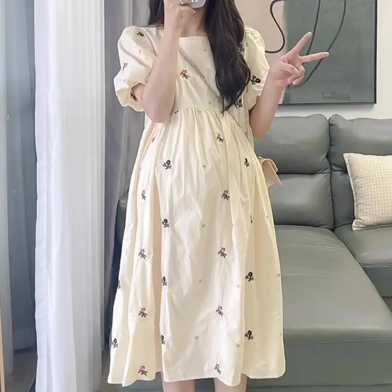 Pregnacy Dress Bowknot Dress Loose Women Bubble Sleeves Chiffon Small Flower Printing Maternity Clothing Pregnant Woman Clothes