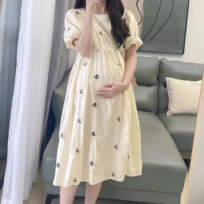 Pregnacy Dress Bowknot Dress Loose Women Bubble Sleeves Chiffon Small Flower Printing Maternity Clothing Pregnant Woman Clothes