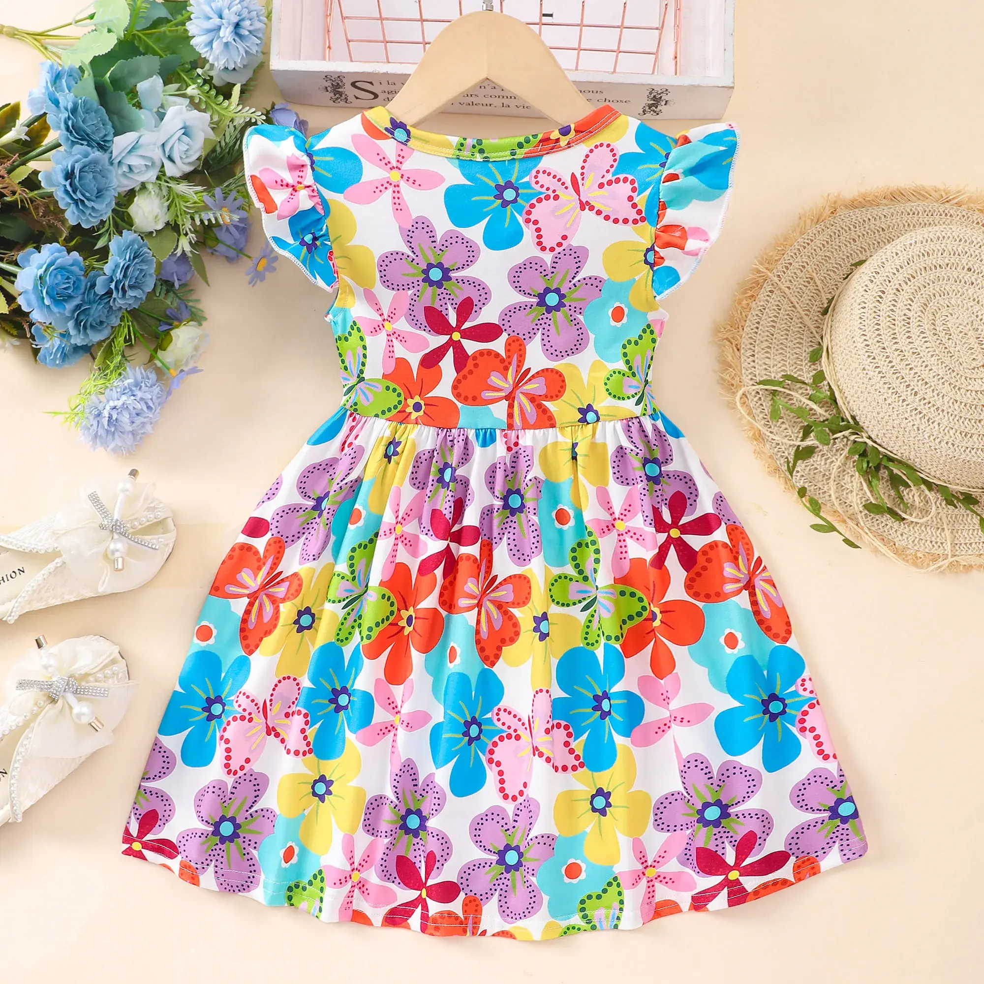 2024 Kids Girls Clothes Short Sleeve Summer Colorful Flower Ruffle Children Dress Fashion Casual Girls Dress Clothing for Kids