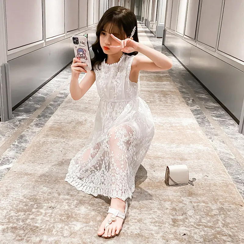 2025 summer Teenager kids Girls clothes floral mesh Princess white Dress lace off shoulder sleeveless 5 6 7 8 9 10 11 12 Years