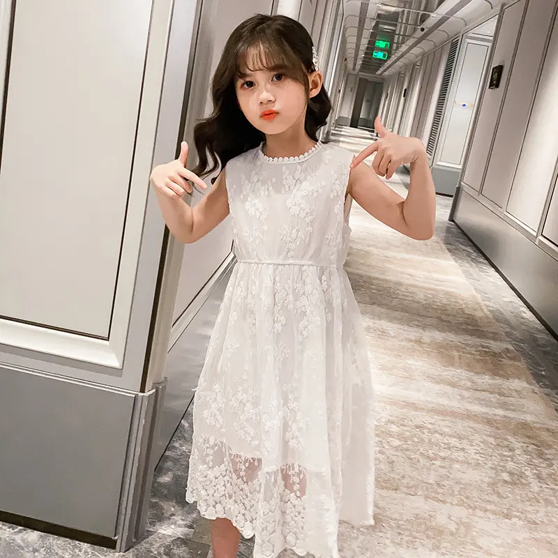 2025 summer Teenager kids Girls clothes floral mesh Princess white Dress lace off shoulder sleeveless 5 6 7 8 9 10 11 12 Years