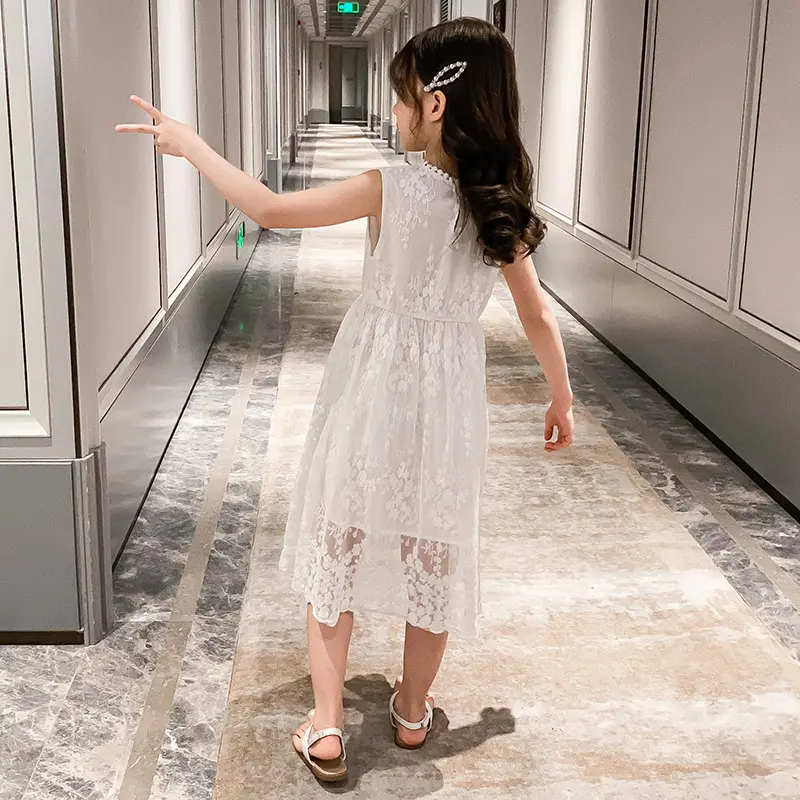 2025 summer Teenager kids Girls clothes floral mesh Princess white Dress lace off shoulder sleeveless 5 6 7 8 9 10 11 12 Years