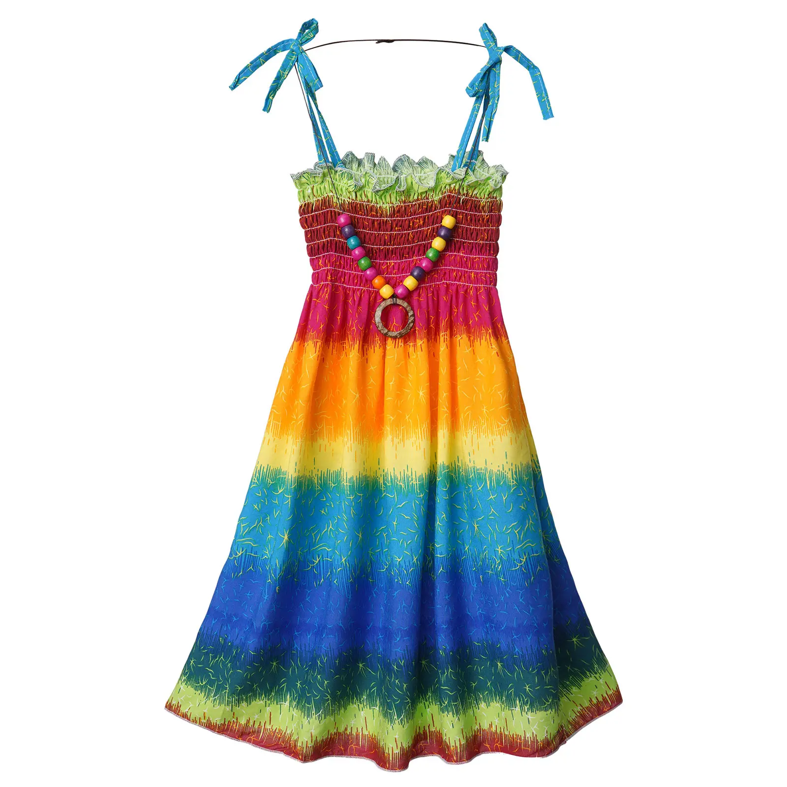 Children Girls Casual Dress Summer Beach Print Flower with Necklace Bohemian Style Holiday Sleeveless Dresses Suspender for Girl