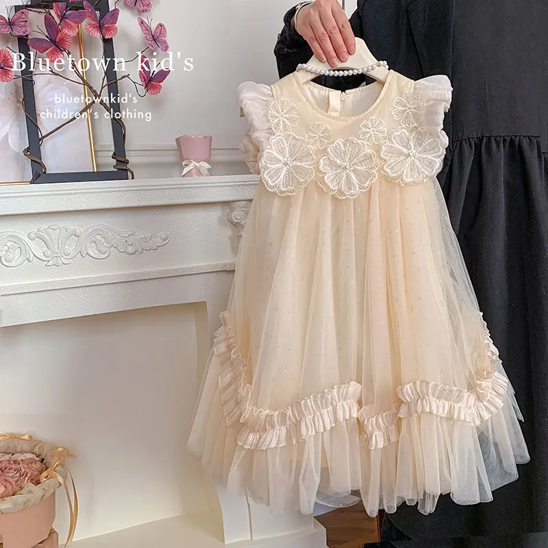 2025 Summer Dress for Girls with Flying Sleeves, Three-dimensional Flower Mesh Korean Version, Birthday Princess Fluffy Skirt