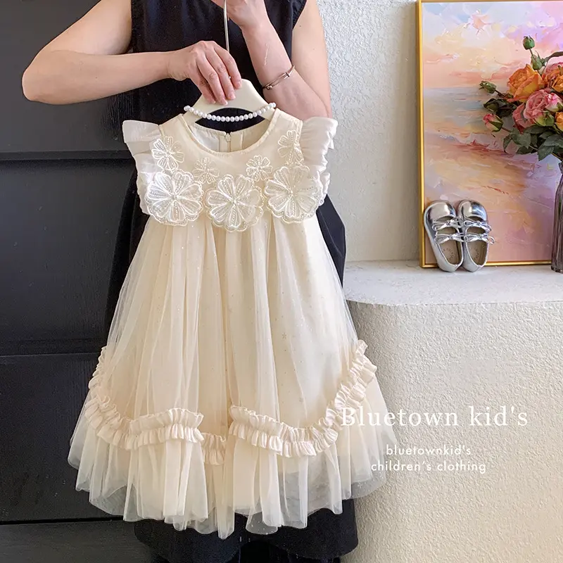 2025 Summer Dress for Girls with Flying Sleeves, Three-dimensional Flower Mesh Korean Version, Birthday Princess Fluffy Skirt