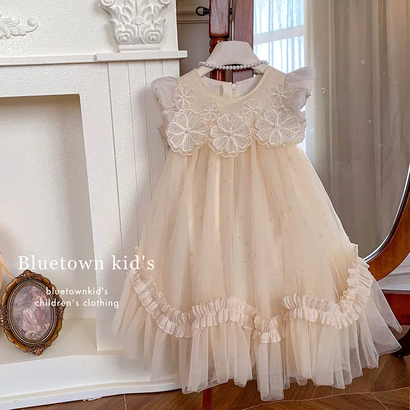 2025 Summer Dress for Girls with Flying Sleeves, Three-dimensional Flower Mesh Korean Version, Birthday Princess Fluffy Skirt