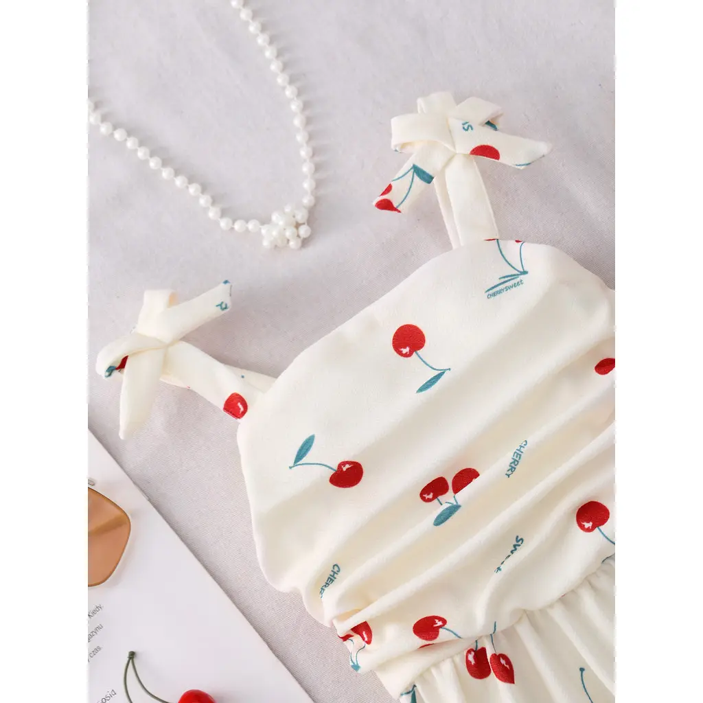 Apricot Camisole Kids Girl Dress Summer Cherry Fruit Ins Style Japan Korea Casual Vacation Children Dresses 7 8 9 10 11 12 Yrs