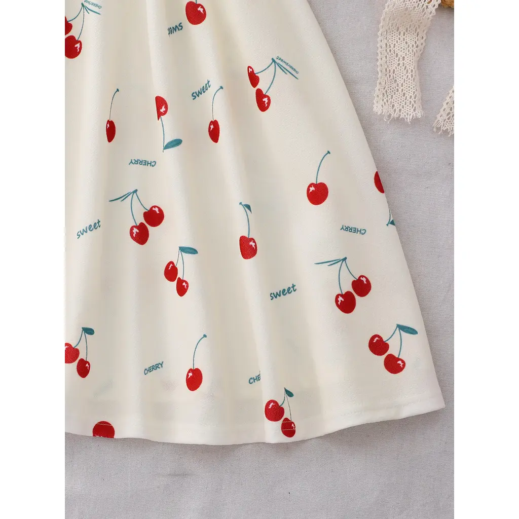 Apricot Camisole Kids Girl Dress Summer Cherry Fruit Ins Style Japan Korea Casual Vacation Children Dresses 7 8 9 10 11 12 Yrs
