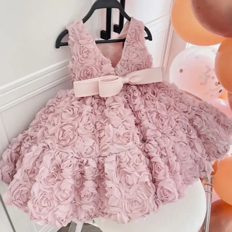 Flower Dress Spring and Summer New Korean Fashion Solid Color Flower Sleeveless Dress Kids Clothes Girls