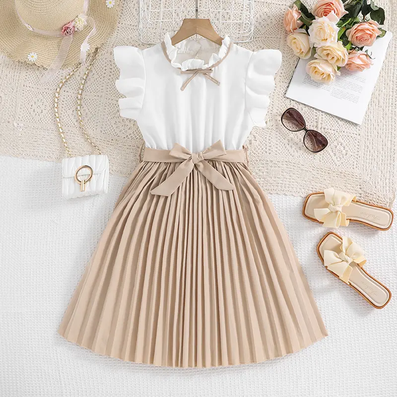 New Summer Fashion Summer Girls Dress Cute  Splicing Style Bow Sleeveless Princess Dresses For Kids Children Birthday Present