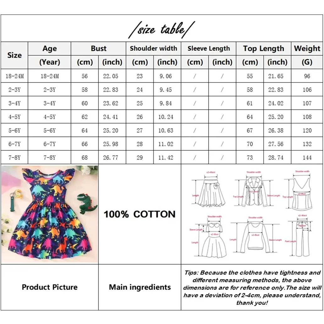 2024 Summer Dress Kids Girl Clothes White Dinosaur Short Sleeve Casua Fashion Birthday Baby Girl Dresses 2 3 4 5 6 7 8 Years Old