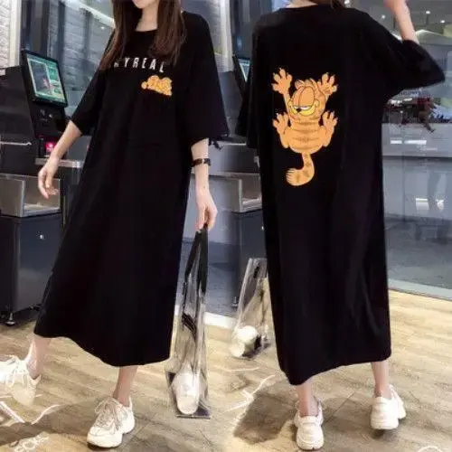 Cartoon Short Sleeve T-shirt Skirt Summer Loose-fit Long Over-knee Maternity Dress For Women Korean Style