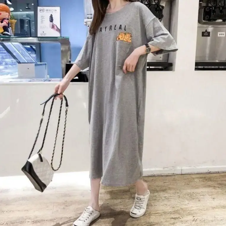 Cartoon Short Sleeve T-shirt Skirt Summer Loose-fit Long Over-knee Maternity Dress For Women Korean Style