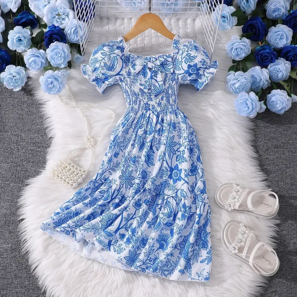 Pink Kids Girl Long Dress Summer Floral Toddler Girls Dresses Cute Sweet Elegant Birthday Party Children Costume 3 4 5 6 7 Yrs