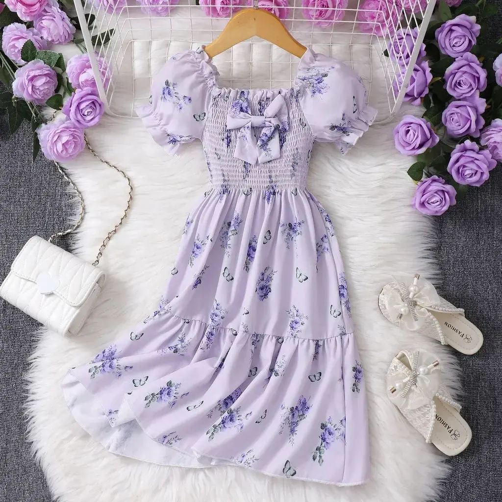 Pink Kids Girl Long Dress Summer Floral Toddler Girls Dresses Cute Sweet Elegant Birthday Party Children Costume 3 4 5 6 7 Yrs