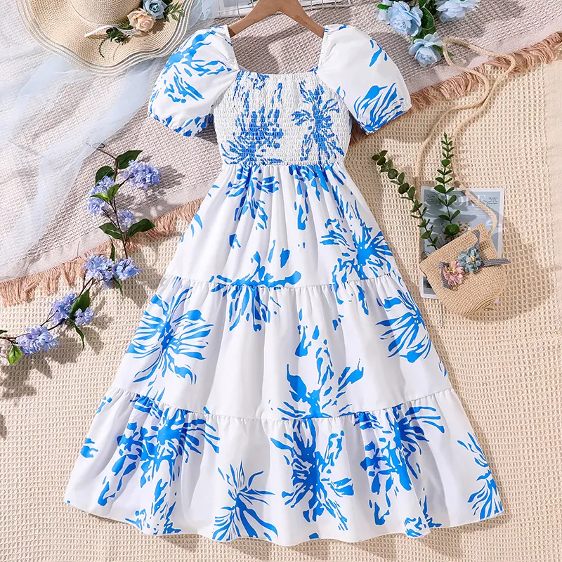 Kids Dress For Girls Blue Printed V-Neck Short Sleeve Elastic Waist A-Line Dress 8-12 Years Summer Fashion Simple Style Casual