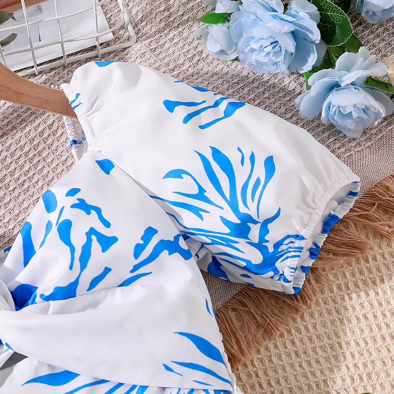 Kids Dress For Girls Blue Printed V-Neck Short Sleeve Elastic Waist A-Line Dress 8-12 Years Summer Fashion Simple Style Casual