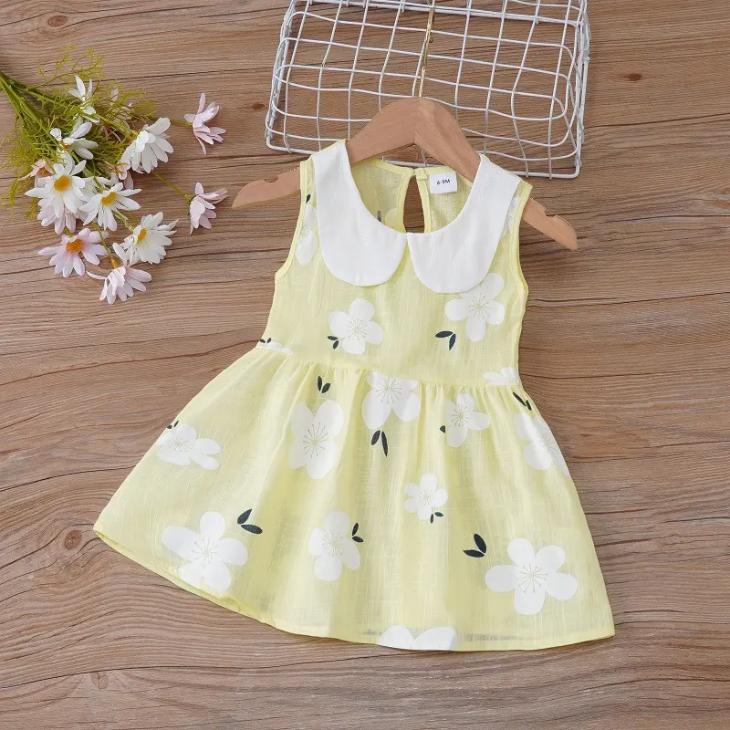 2025 Summer Baby Girls Korean Version Style Sleeveless Peter Pan Collar Sundress Children Cotton Linen Princess Dress 0-6Years