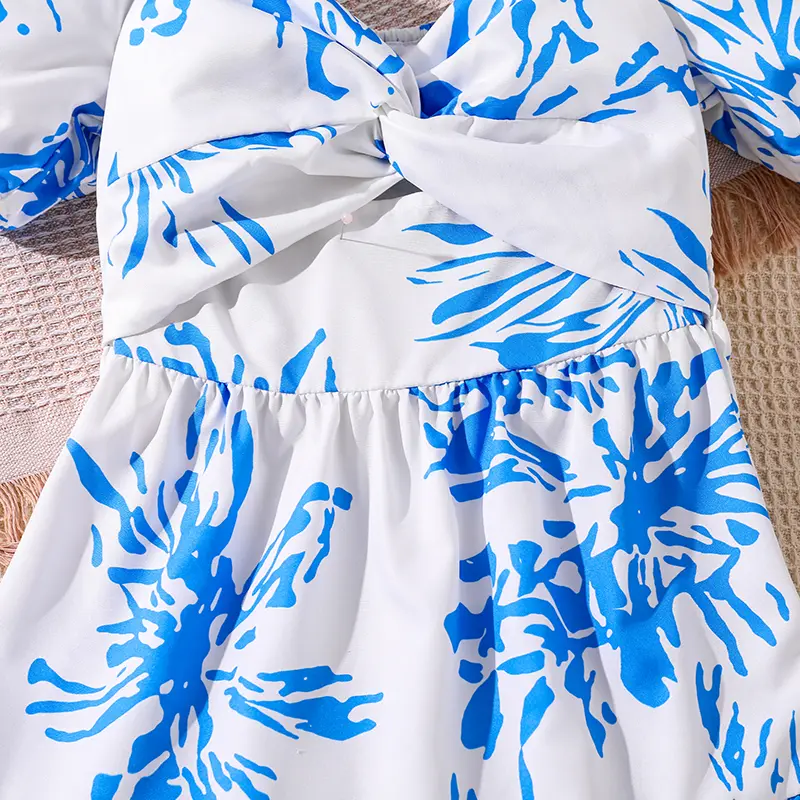 Kids Dress For Girls Blue Printed V-Neck Short Sleeve Elastic Waist A-Line Dress 8-12 Years Summer Fashion Simple Style Casual
