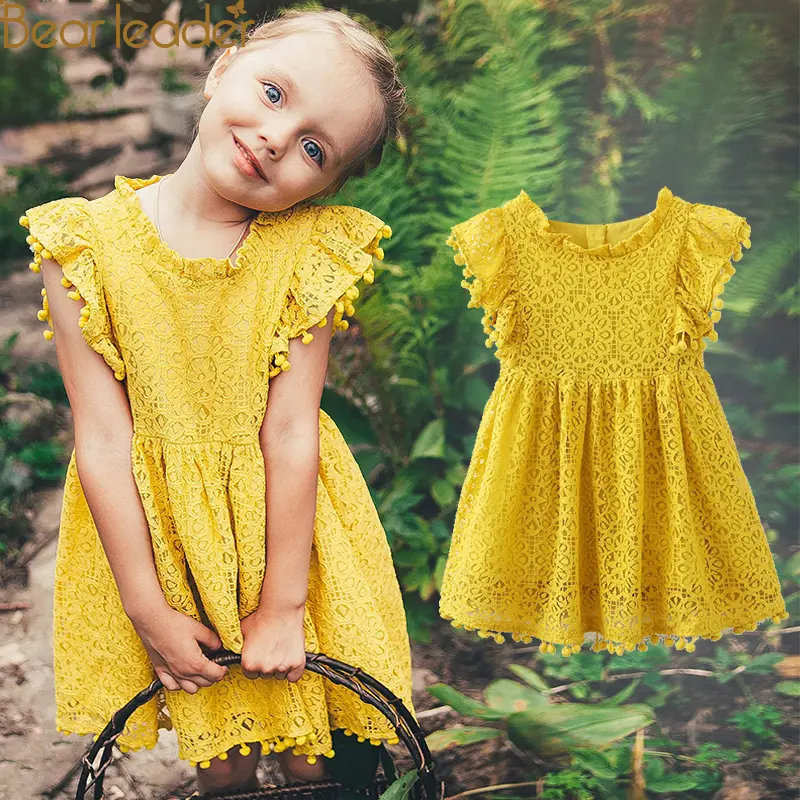 Bear Leader Girls Dress 2025 New Summer Brand Girls Clothes Lace And Ball Design Kids Princess Dress Party Dress For 3-7 Years