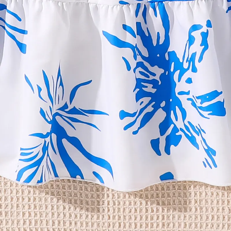 Kids Dress For Girls Blue Printed V-Neck Short Sleeve Elastic Waist A-Line Dress 8-12 Years Summer Fashion Simple Style Casual