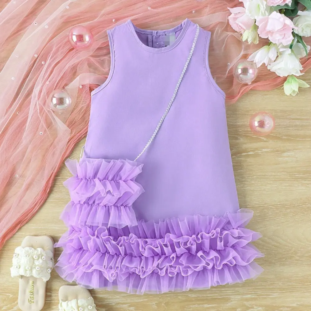 Bear Leader Fashionable New Solid Color Girls Dresses 4-7 Years Kids Clothes Summer Sleeveless Mesh Splicing Princess Dress+ Bag