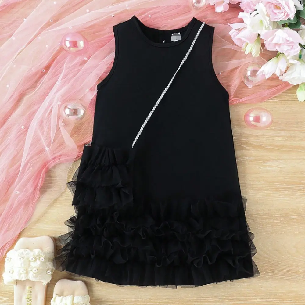 Bear Leader Fashionable New Solid Color Girls Dresses 4-7 Years Kids Clothes Summer Sleeveless Mesh Splicing Princess Dress+ Bag