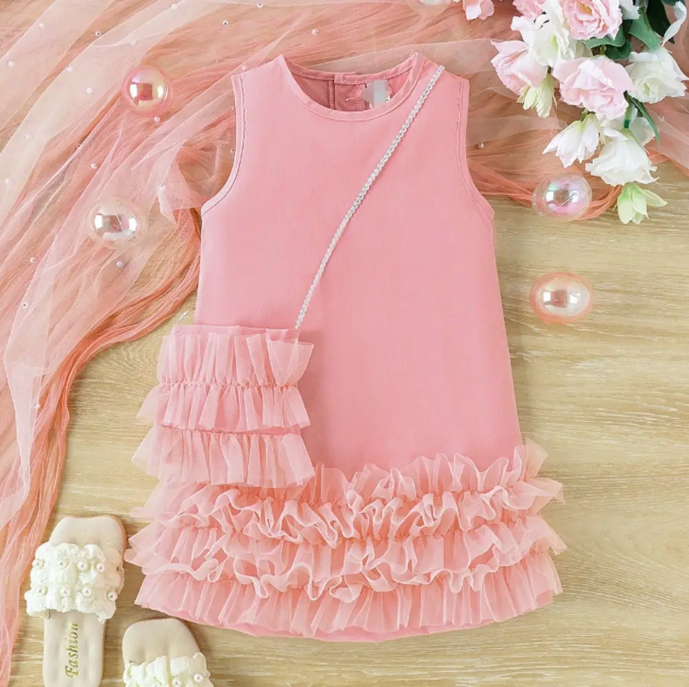 Bear Leader Fashionable New Solid Color Girls Dresses 4-7 Years Kids Clothes Summer Sleeveless Mesh Splicing Princess Dress+ Bag