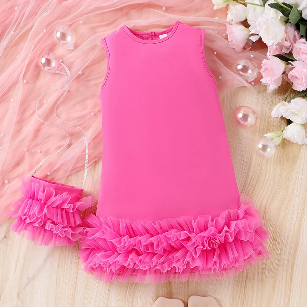 Bear Leader Fashionable New Solid Color Girls Dresses 4-7 Years Kids Clothes Summer Sleeveless Mesh Splicing Princess Dress+ Bag