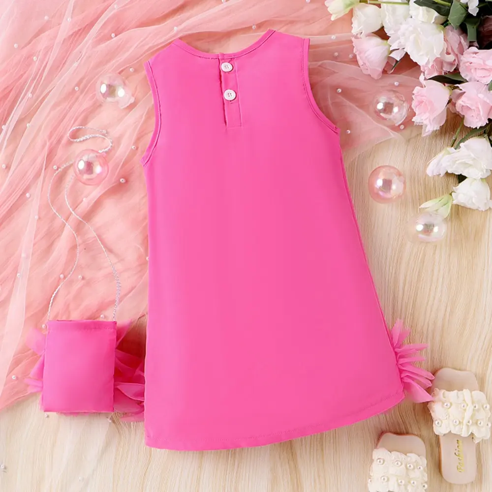 Bear Leader Fashionable New Solid Color Girls Dresses 4-7 Years Kids Clothes Summer Sleeveless Mesh Splicing Princess Dress+ Bag