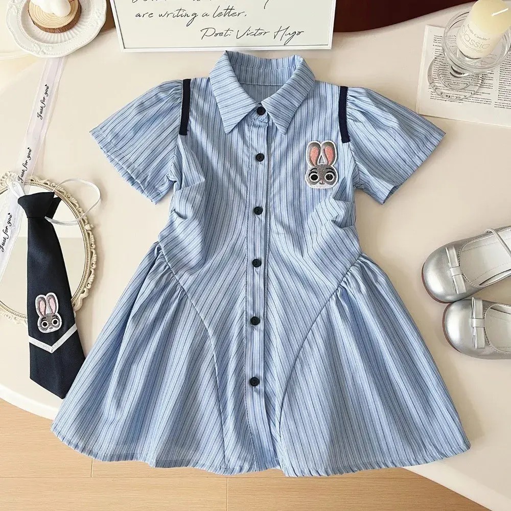 Blue Cute Rabbit Print Polo Collar Short Sleeved Girls' Dress Striped Single Breasted Summer New Casual Clothes 2-11 Years Old